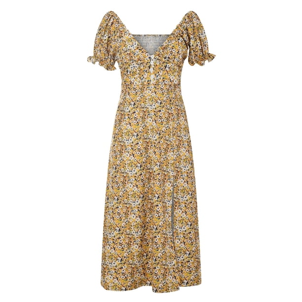 Vestido largo tipo jersey con cuello en V y mangas abullonadas con abertura floral para mujer Fridja qw4885
