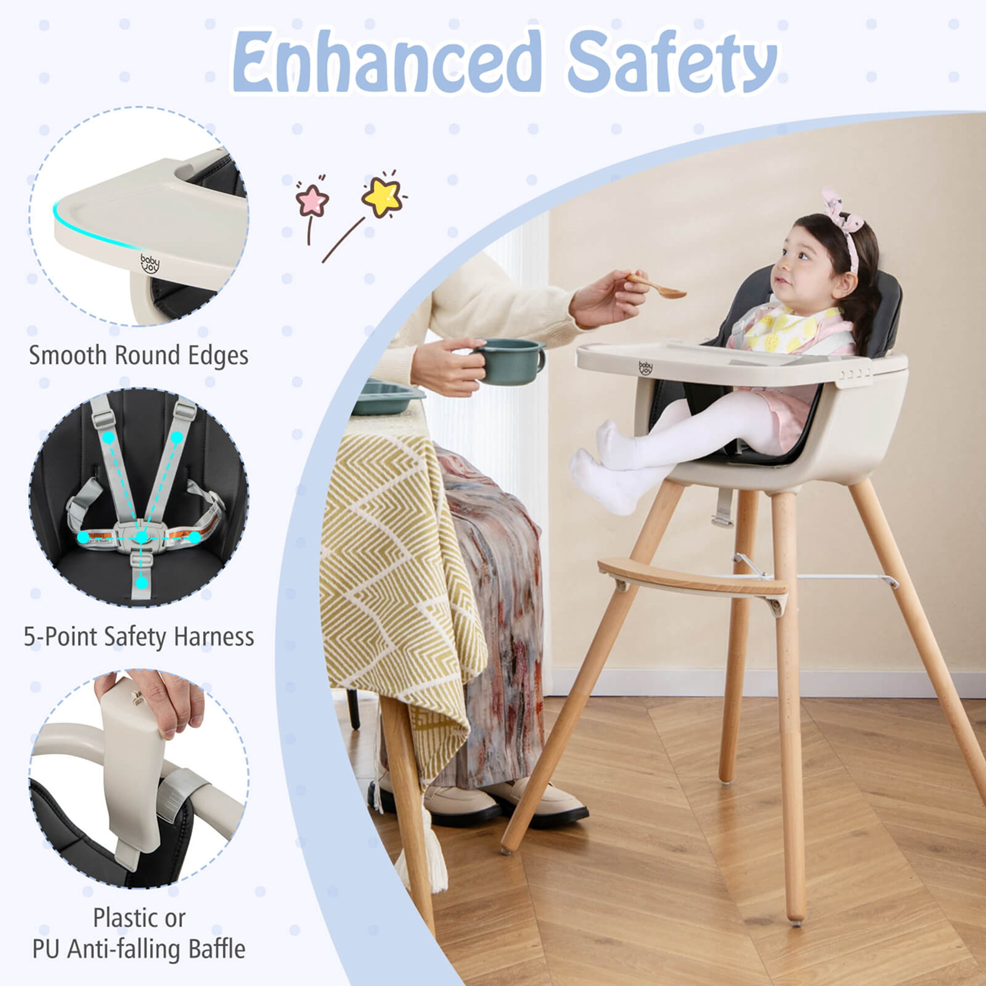 Babyjoy 3 in 1 Convertible Wooden High Chair Toddler Feeding Chair with Cushion Black
