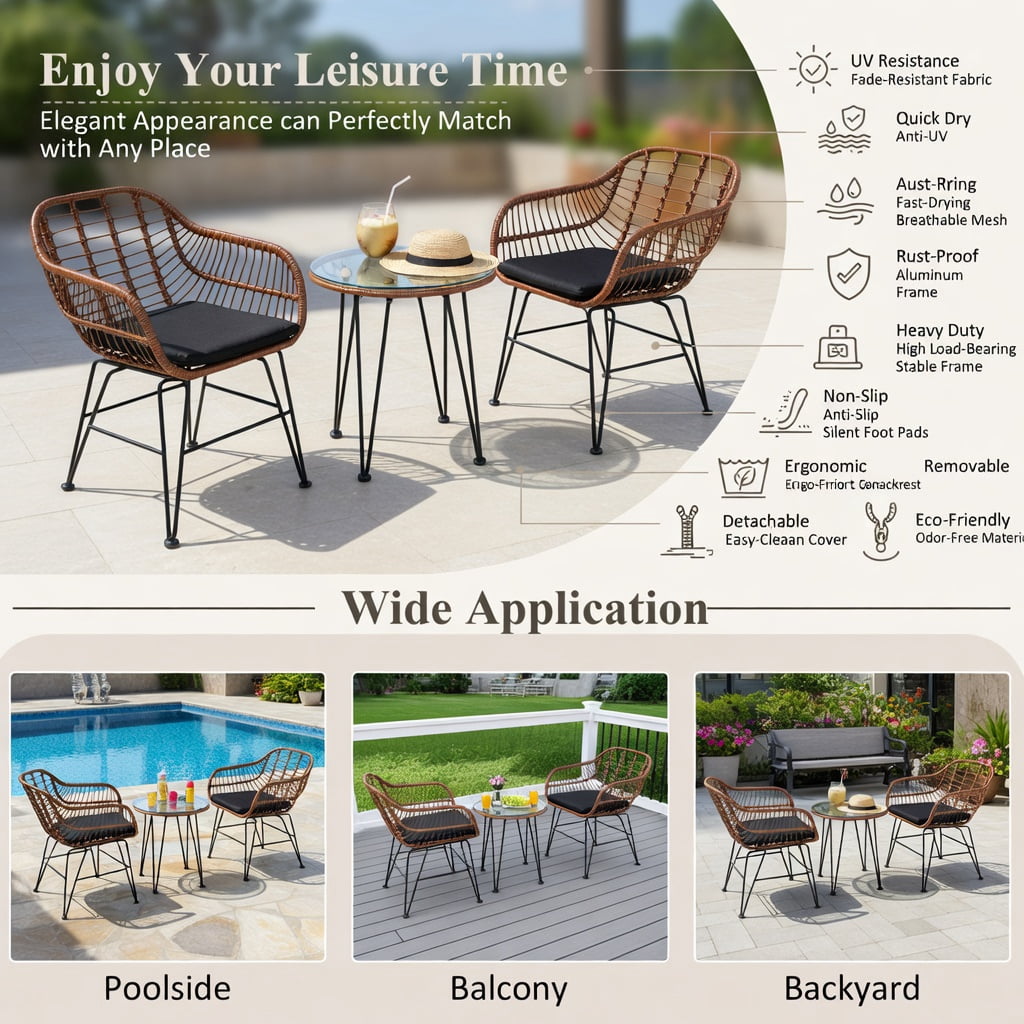 Hommoo 3-Piece Outdoor Rattan Bistro Set with Removable Cushions, Steel Frame, Tempered Glass Table, Patio & Balcony Seating, Black