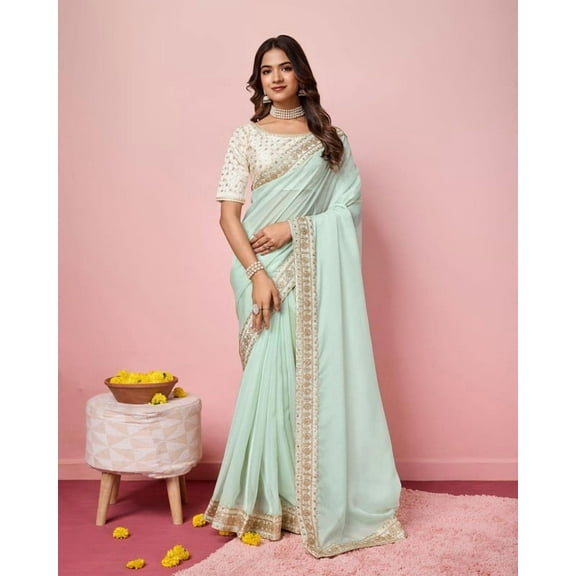 Traditional Sari Bollywood Indian Wedding Party Wear Organza Silk Saree Blouse and Soft Taby Silk Organza Saree