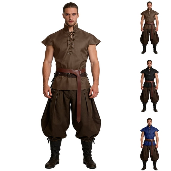 Sleeveless Medieval, Vest Belt Renaissance, Lace Up Tunic, Viking Warrior Costume, Sleeveless Medieval Vest With Belt Renaissance Lace Up Tunic Viking Warrior Costume Top for Fall Festival, Brown L