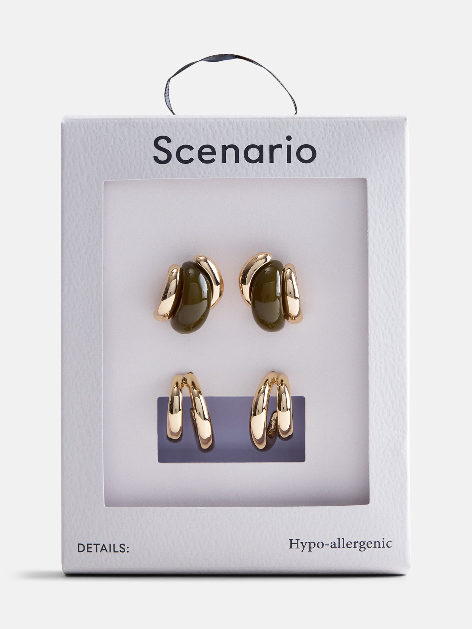 Scenario Women's Gold-Tone Acrylic Green Curved and Double Hoop Earrings Set, 2-Pair