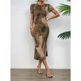 thumbnail image 4 of Women'S Tie Dye Crew Neck Hem Bodycon Short Sleves Dress Long Dresses Khaki M, 4 of 7