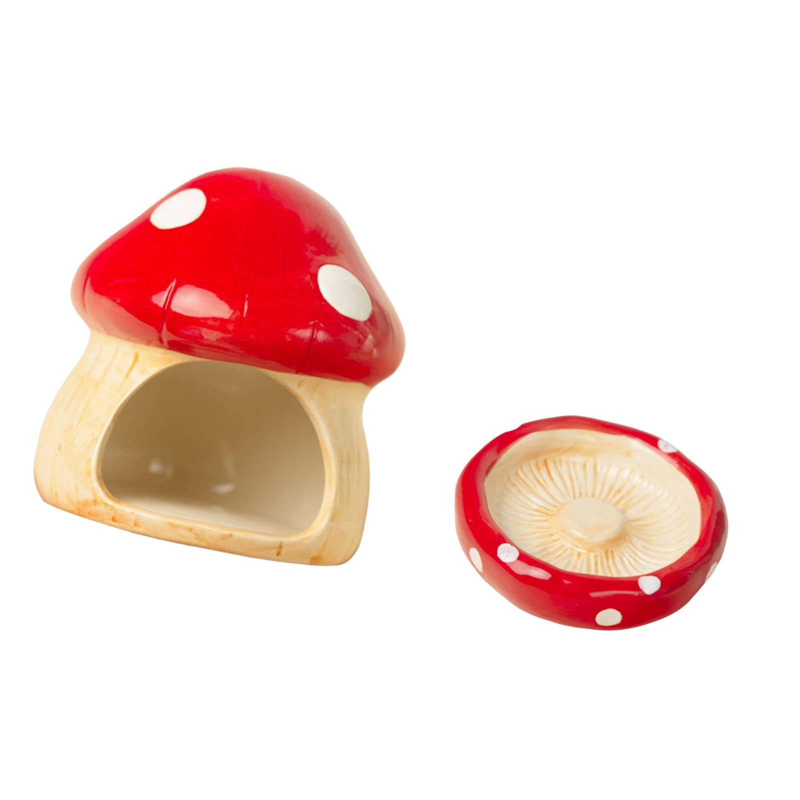 EHJRE Ceramic Hamster House Small Animal Hideout Cave Indoor with Food Feeding Bowl Mushroom Shaped for Hedgehog Small Animals Rats Red
