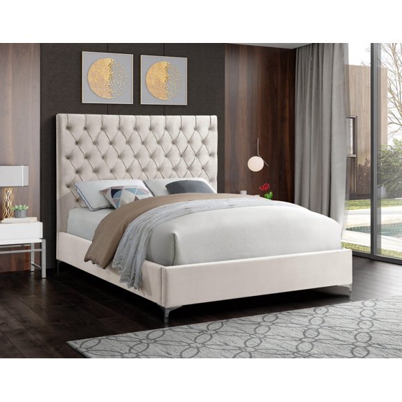 Creme Velvet Bed w Deep Button Tufting Headboard - Queen