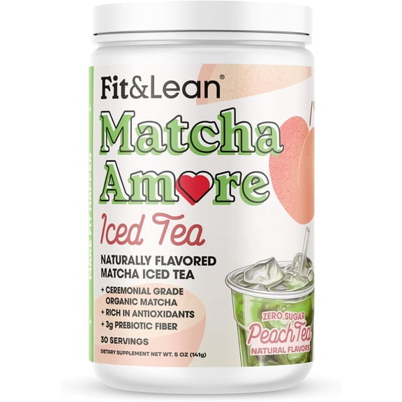 Fit & Lean Matcha Amore Iced Tea, Fruit-Inspired Naturally Flavored Organic Ceremonial Grade Matcha Green Tea, Naturally Sweetened, NON-GMO, Zero Sugar, Peach Iced Tea, 30 Servings