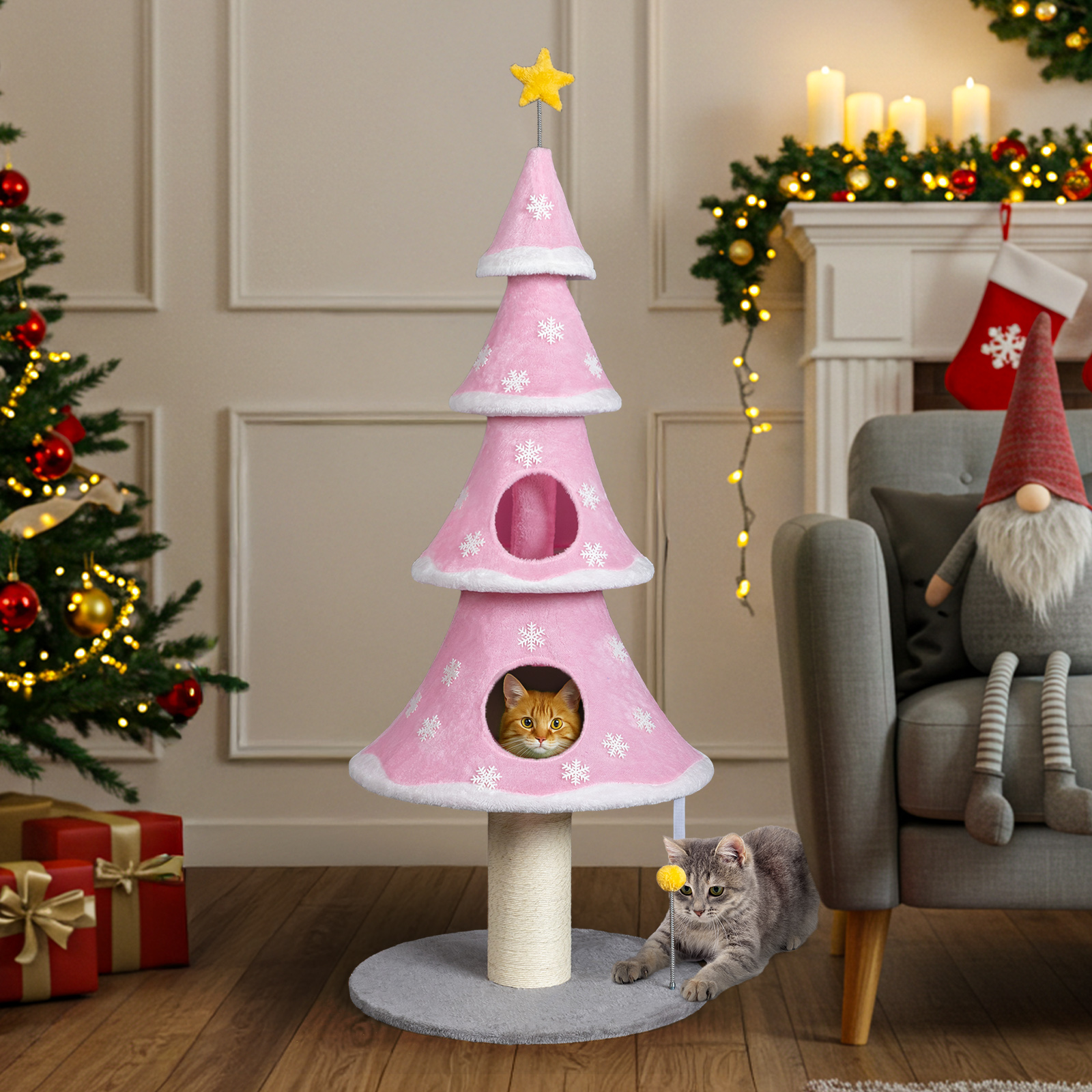 Ktaxon 59in Large Christmas Tree Cat Tower with 2 Condos, Scratching Post, Soft Fleece, Teaser Toy & Sturdy Base, Pink