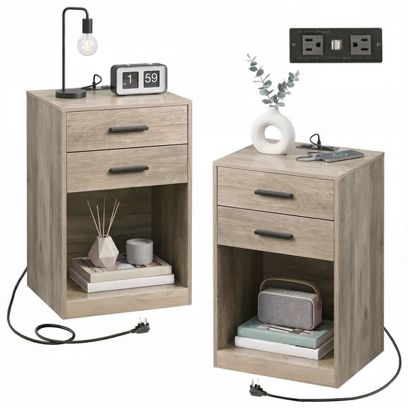 GALAXHERO Nightstand Set of 2 with Charging Station and 2 Drawers, Wood Bedside Table End Table with Open Shelf for Bedroom, Living Room, Greige