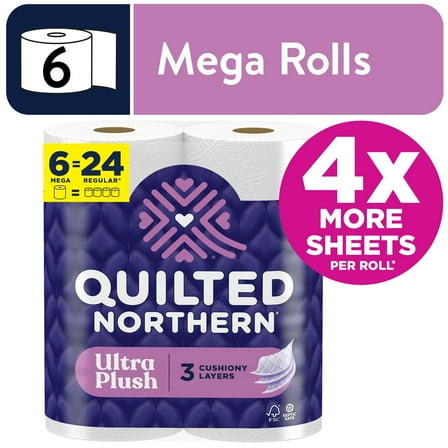 Quilted Northern Ultra Plush 3-Ply Toilet Paper, 6 Mega Rolls, 255 Sheets Per Roll