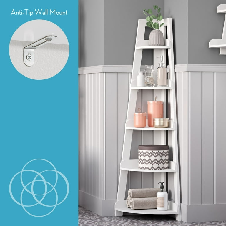 RiverRidge Amery 5 Tier Tall Corner Ladder Shelf Tower with Display Shelf and Corner Storage for Bathroom Living Room Office White