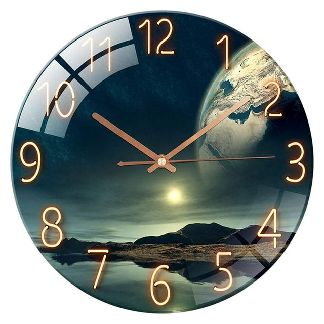GUOOL Round Wall Clock, Battery Operated, 12 Inches Silent Wall Clocks for Living Room/Bedroom/Kitchen, Large Digital Display, Decorative Wall Clock The Earth Landscape