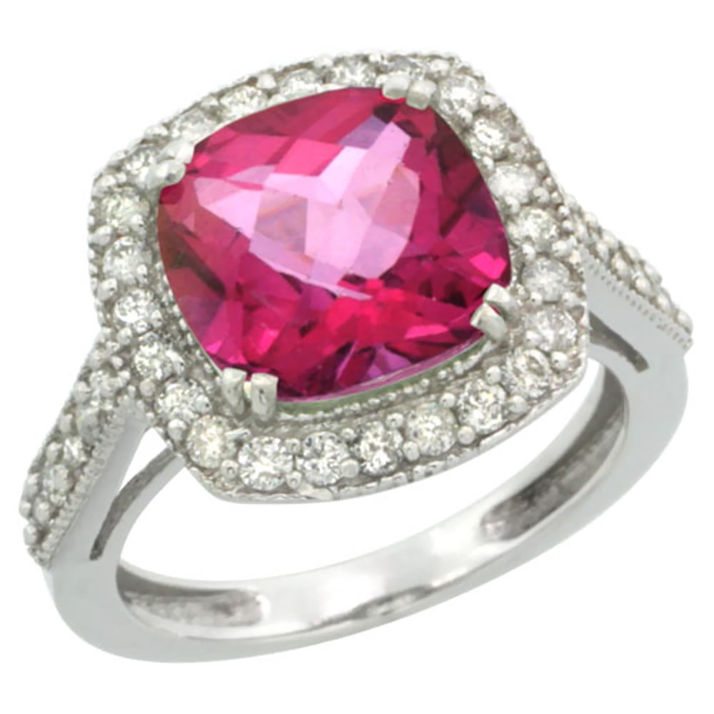 14K White Gold Natural Pink Topaz Ring Cushion-cut 9x9mm Diamond Halo, size 5 by Gabriella Gold