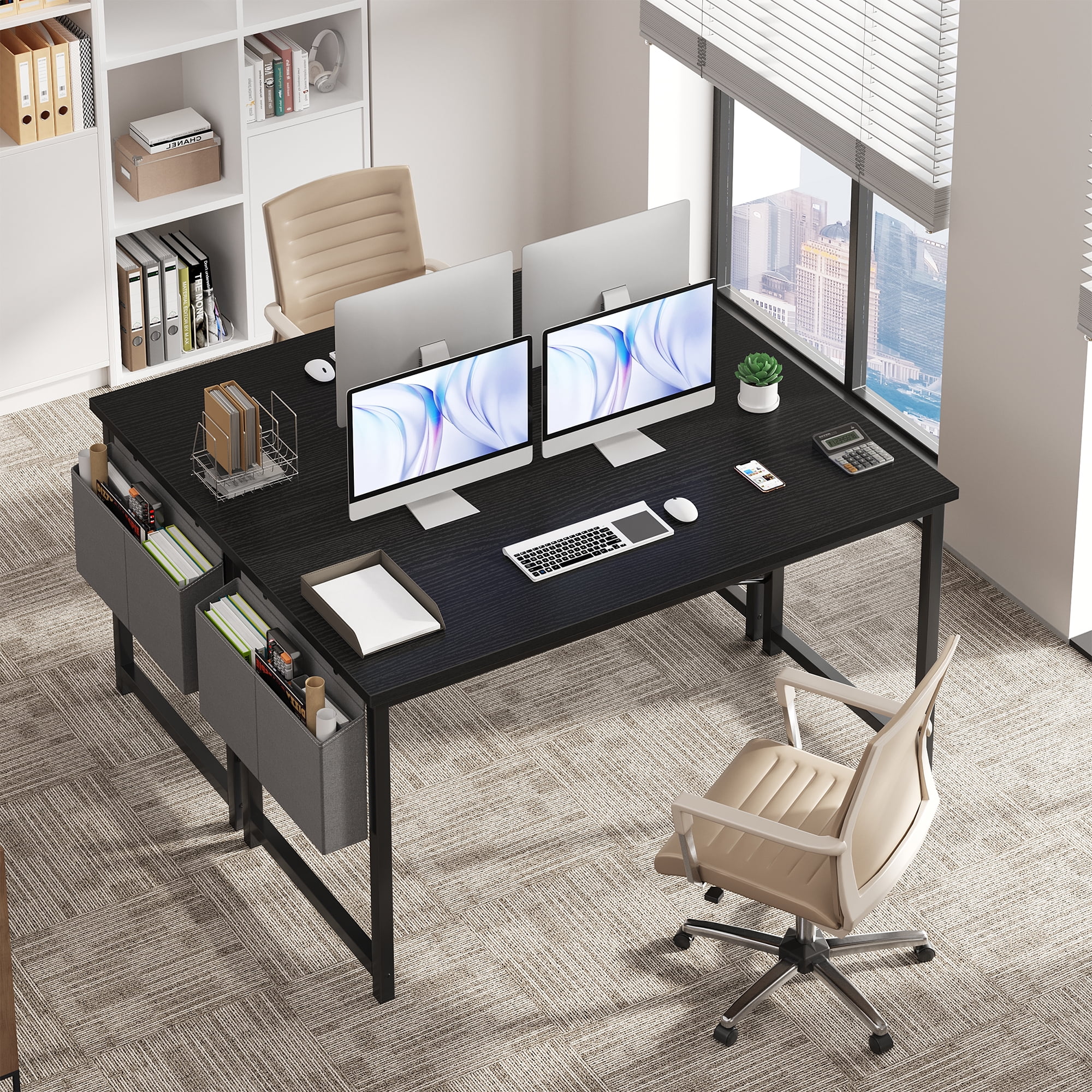 Gianna 55" Computer Desk with Metal Frame, Waterproof Surface and Storage Bag – Perfect for Office Use, Black