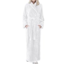 Defitshape Women's Plush Long Robe Soft Cozy Long Sleeve Full Length Fuzzy Fleece Bathrobe Spa Hot Tub Hotel Bath Belted Winter Fluffy Maternity Warm Kimono Pocket White X-Large