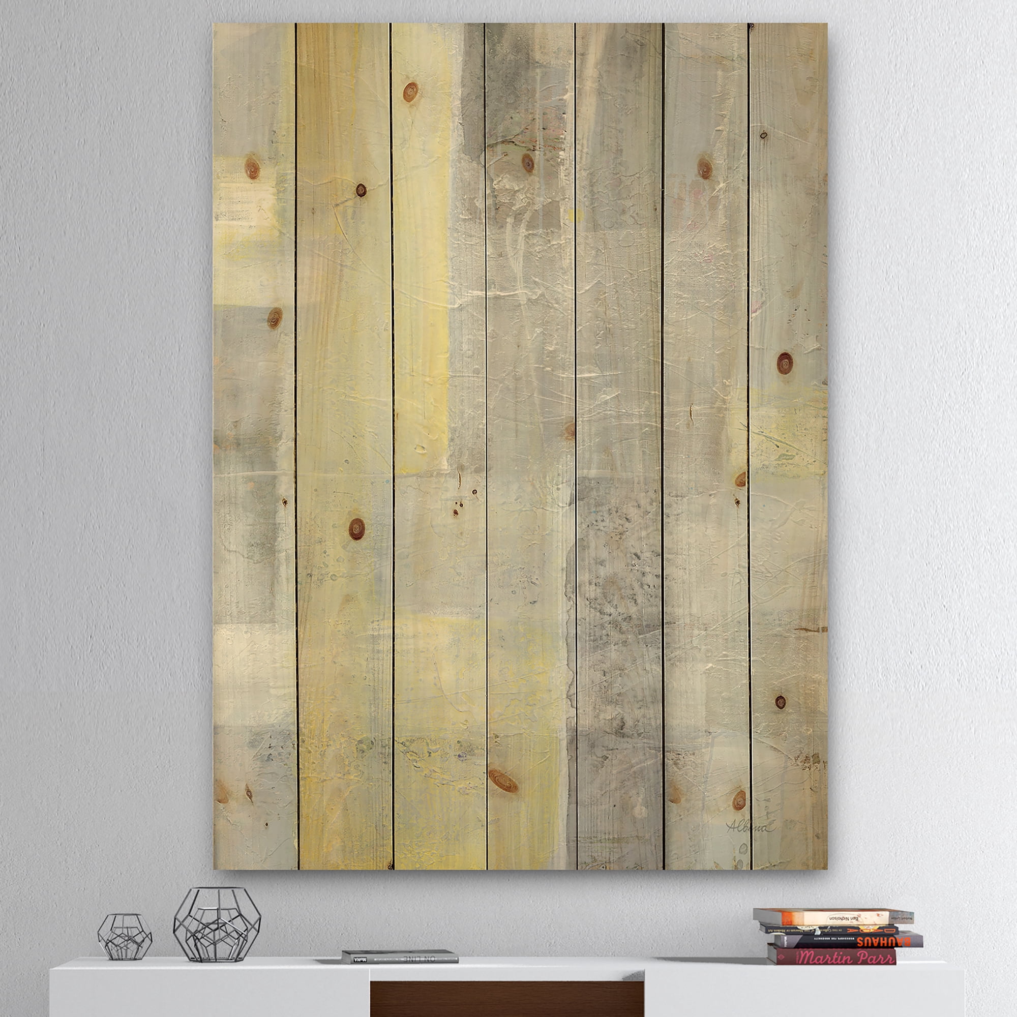 Designart 'Abstract Patchwork II' Modern & Contemporary Print on Natural Pine Wood