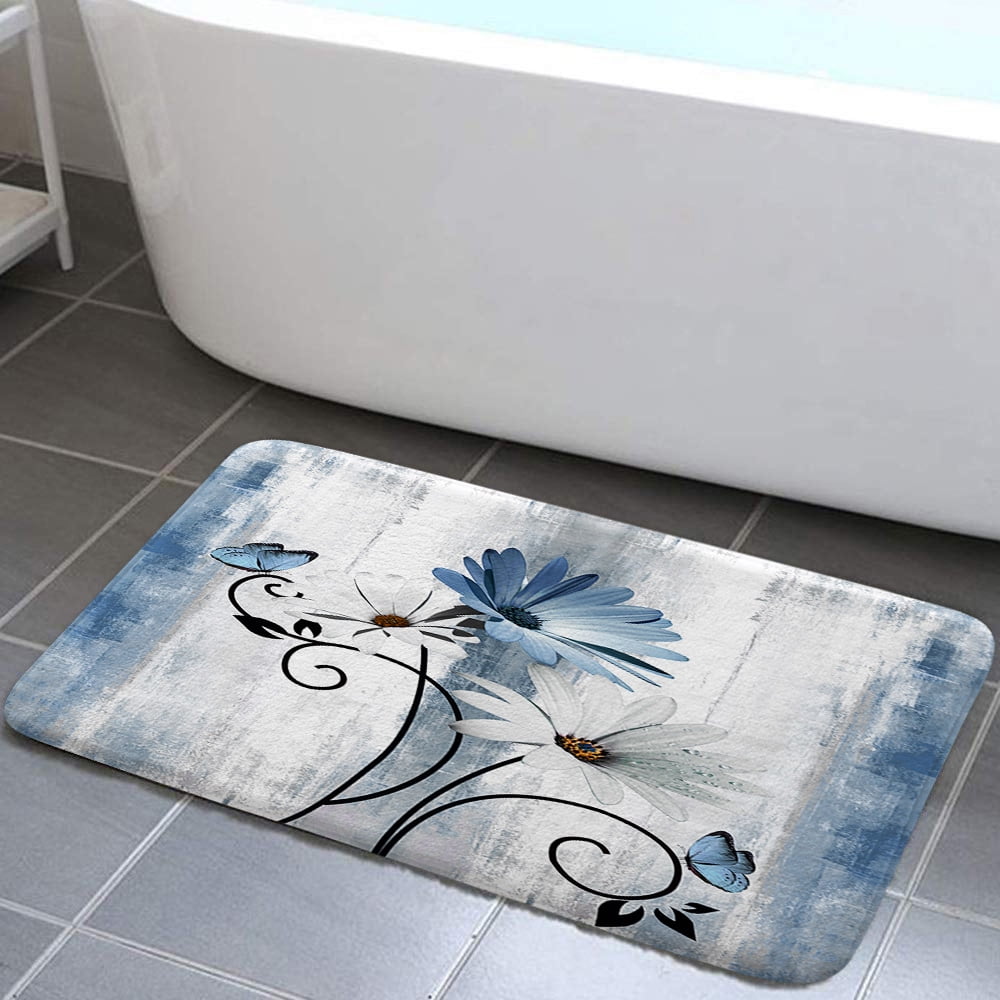 Blue Bathroom Rugs Rustic Farmhouse Floral Butterfly Bath Mat Soft