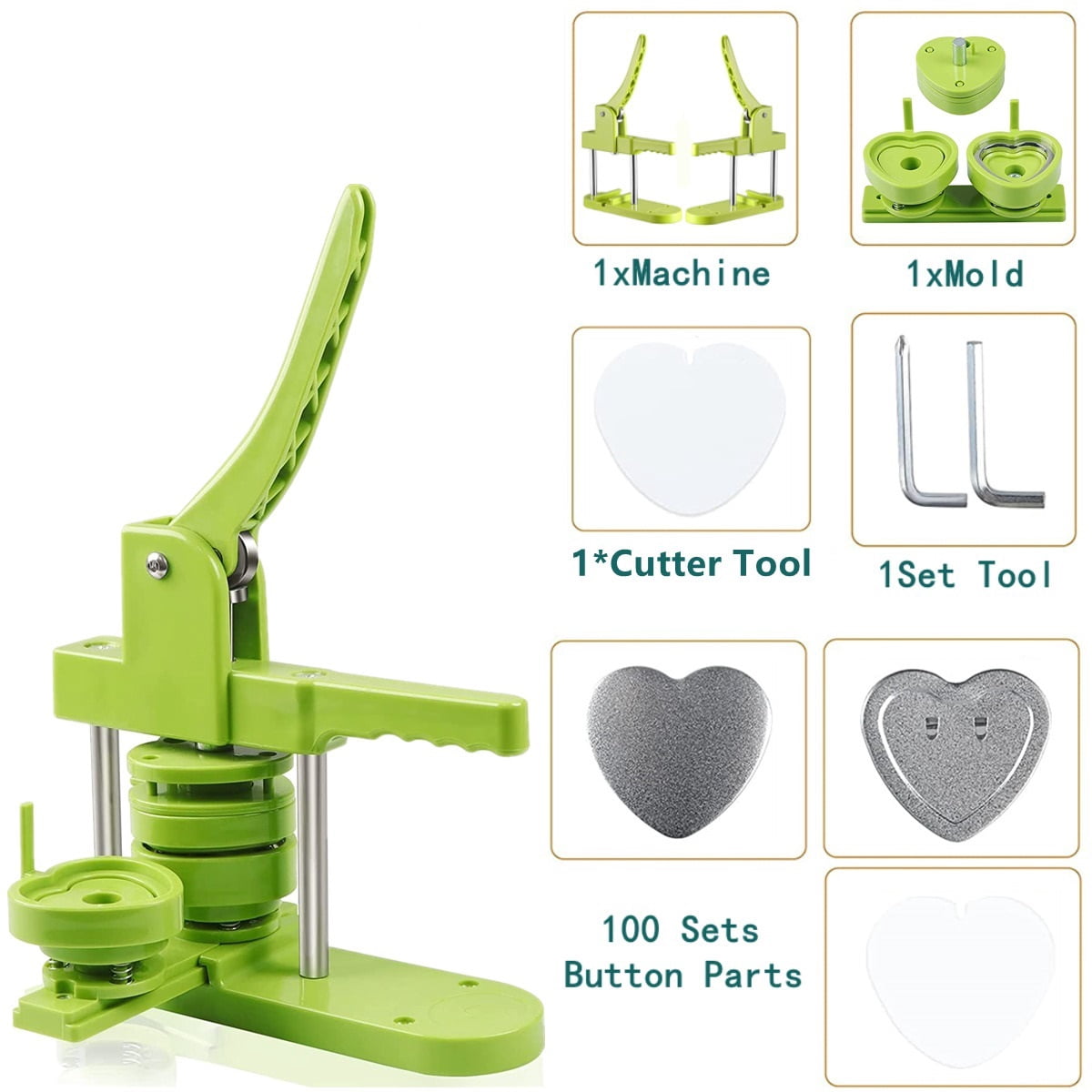 58MM Heart-Shape Badge Button Maker Machine with 100 Button Parts+Mold ,Beginner-Friendly