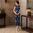 thumbnail image 3 of Women Summer Cheongsam Stand Collar Floral Print Hollow Out Split Hem Sleeveless Qipao Slim Fit Retro Chinese Style Mid-calf Length Wedding Party Cocktail Dress, 3 of 7