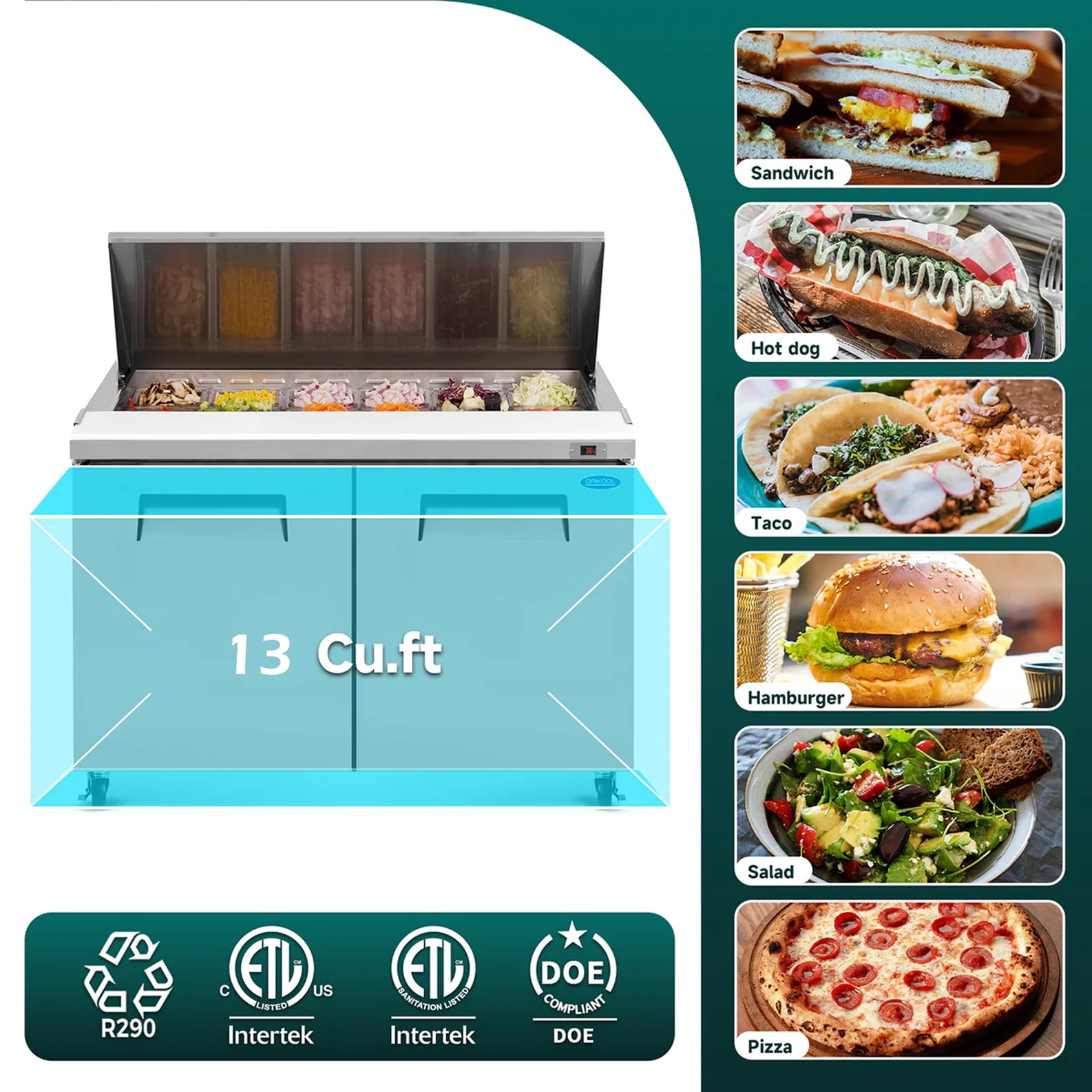 48" Commercial Sandwich Prep Table Refrigerator – 13 Cu. Ft. | ETL & NSF Certified | R290 | 115V