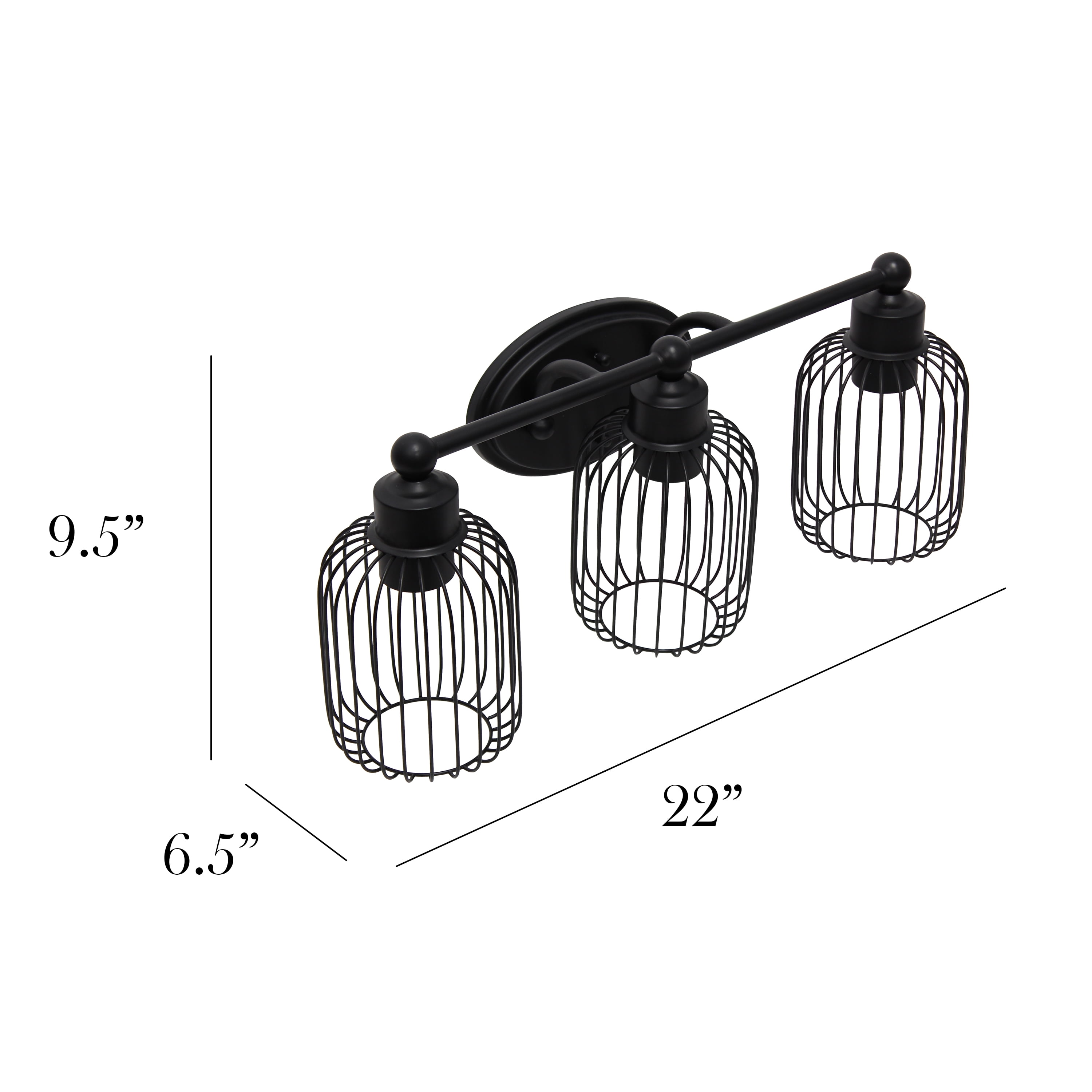 Elegant Designs 22" Industrial Farmhouse 3 Light Metal Birdcage Decorative Wall Mounted Vanity Fixture with Matching Metal Oval Backplate For Bathroom, Entryway, Hallway, Vanity, Black