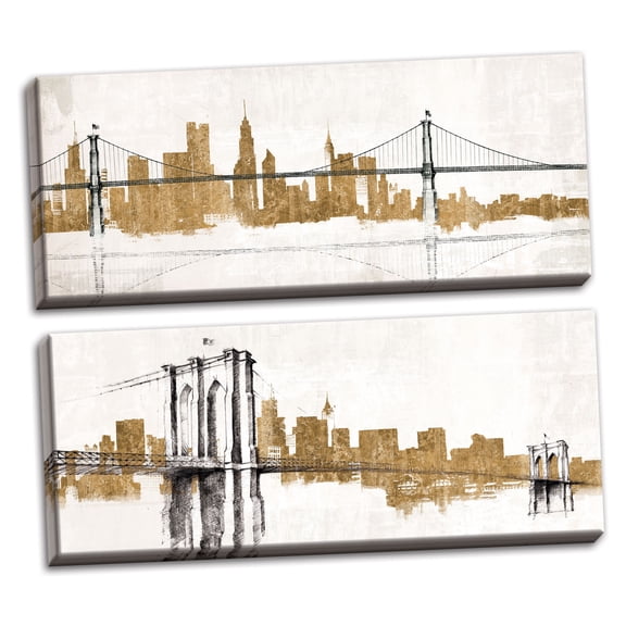 Gango Home Decor Contemporary Bridge & Skyline Gold & Skyline Crossing Gold; Two 20x8in Hand-Stretched Canvases