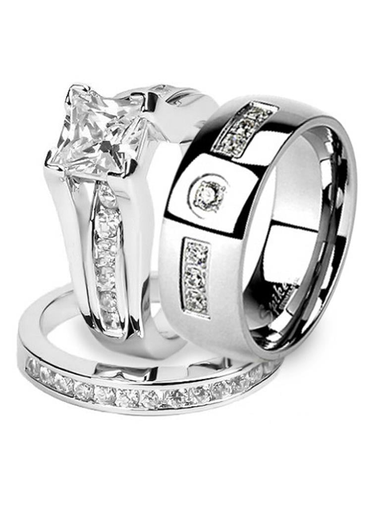 Stainless Steel 8mm 3.4 Carat CZ Princess Cut CZ Band Ring Size 6-9 