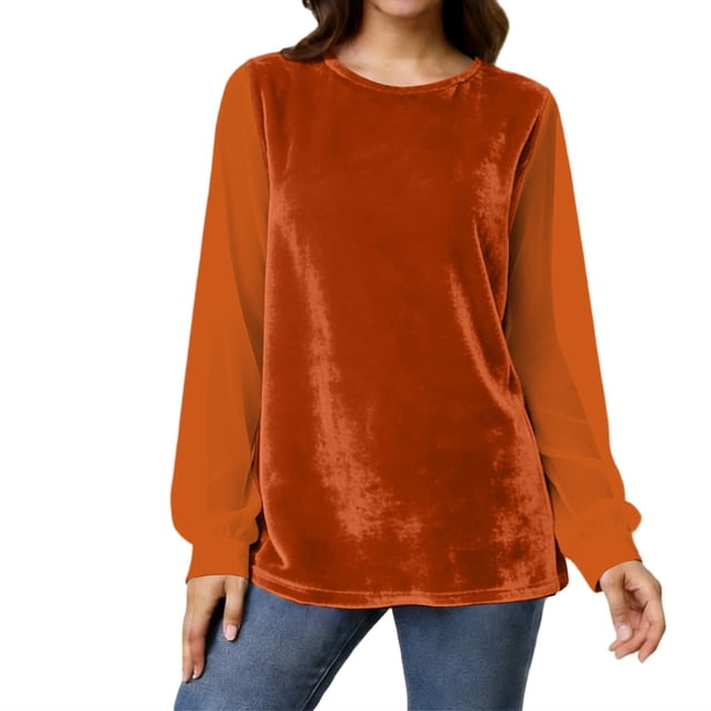 Haut en Velours pour Femmes Col Rond Blouse à Manches Longues en Mousseline Patchwork