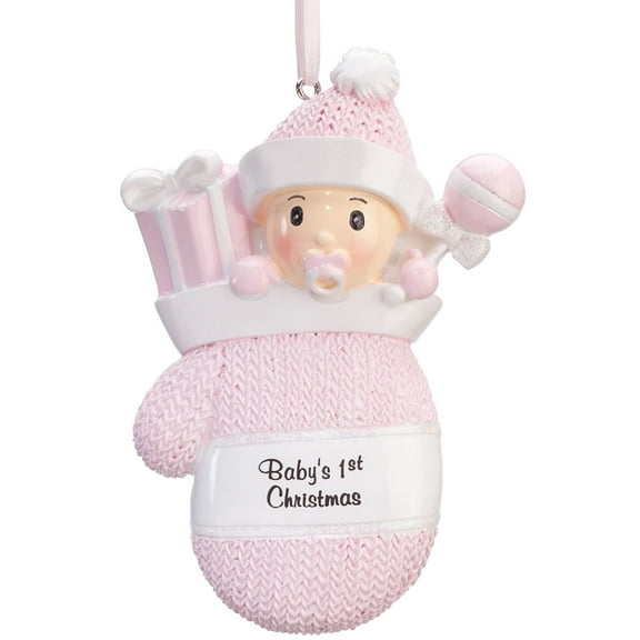 Baby's First Christmas Mitten Ornament Pink