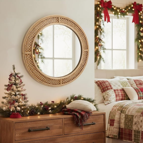 Oldslab Round Rattan Wall Mirror with Wooden Framed, Modern Boho Decorative Mirror for Bathroom, Entry, Living Room, Bedroom, 24 Inch