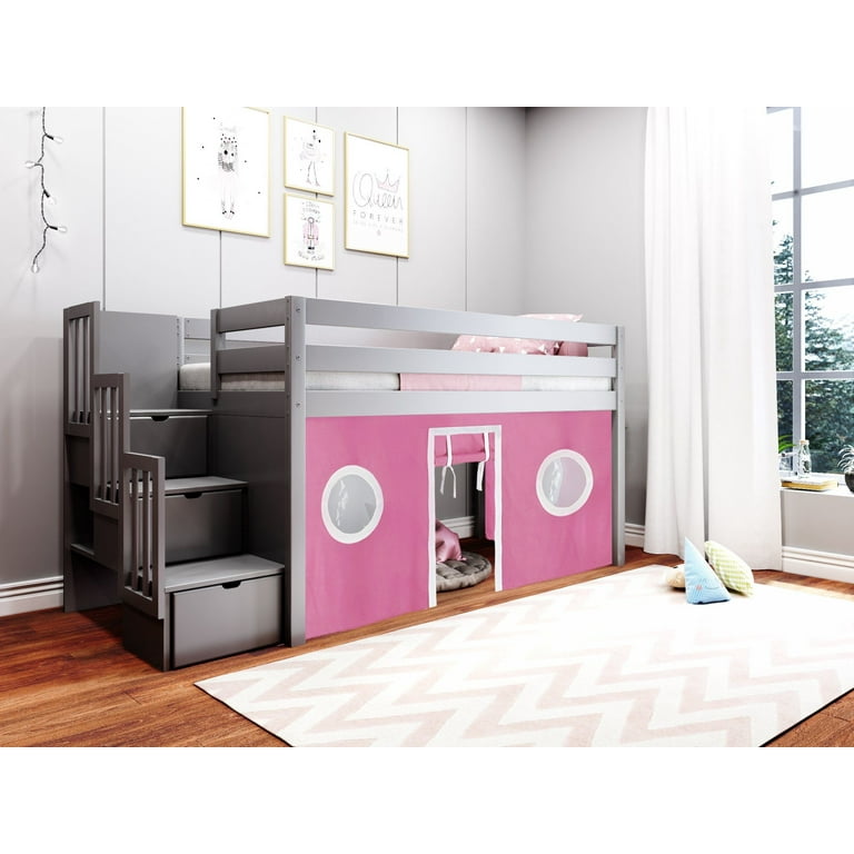 JACKPOT Contemporary Low Loft Twin Bed with a 3 Drawer Stairway Gray with Pink White Tent