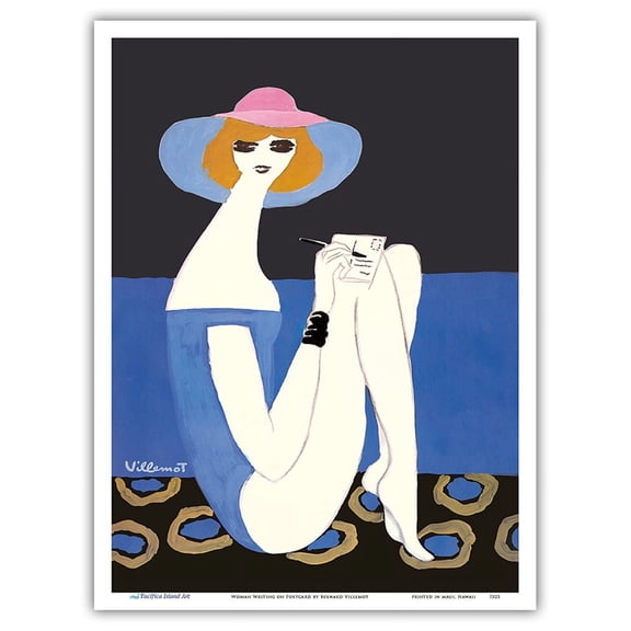 Woman Writing on Postcard - Vintage Advertising Poster by Bernard Villemot - Master Art Print (Unframed) 9in x 12in