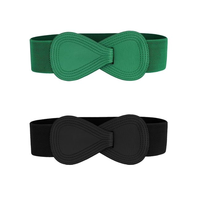 INSPIRE CHIC 2Pcs Women Interlock 8-shaped Faux Leather Buckle Elastic Waist Belts