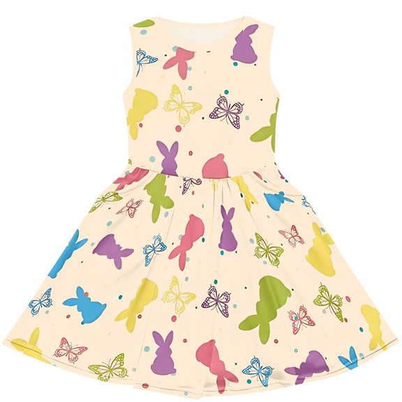Sleeveless Girls Dress with Bunny and Butterfly Print Easter Crew Neck Casual Fit Soft Fabric for Daily Wear and Parties