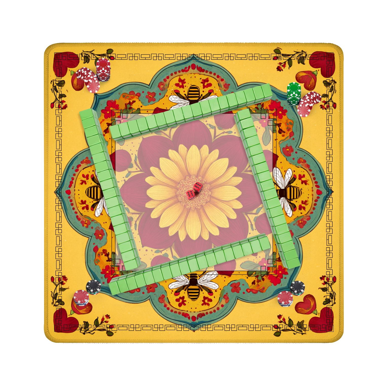 Mahjong Mat 31.5" x 31.5" Floral Mandala Bees Hearts Warm Red Yellow Decorative Non-Slip Noise Reduction American Mahjong Tiles Table Cover for Dominoes Poker Card Board Games Gift
