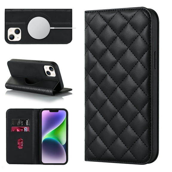Wallet Case for iPhone 14 Plus 6.7 inch, Luxury Quilted PU Leather Flip Cover [Shockproof TPU] [Support Wireless Charging] with 2 Card Slots, Kickstand, FRID Blocking Case Cover, Black