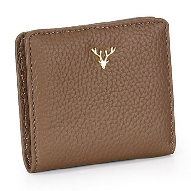 Cartera corta Minnieouse mujer monedero elegante botones ciervo cuero plegable cremallera Caqui