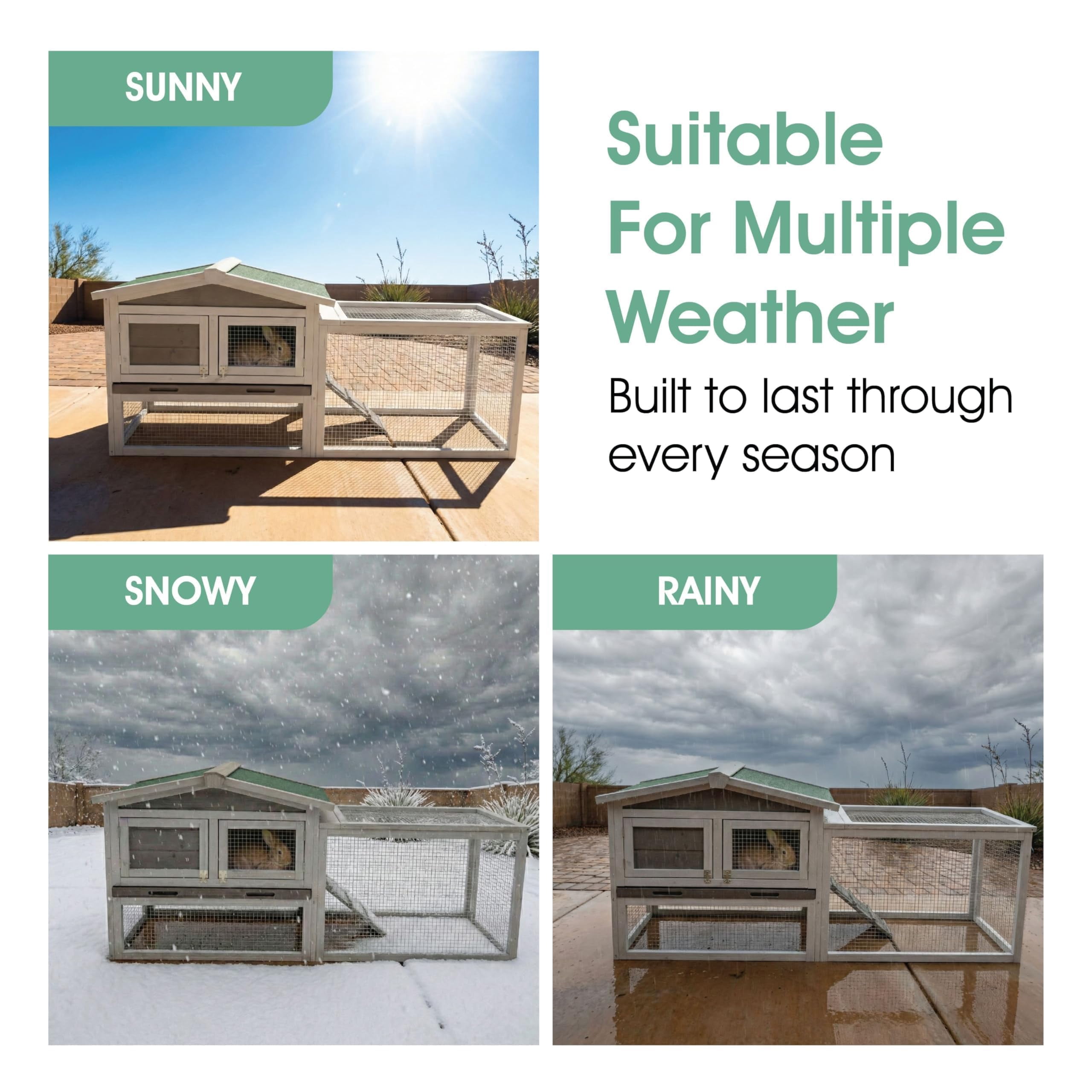 60.2 Inch Rabbit Hutch Outdoor, Wooden Bunny Cage with Waterproof Roof, Weatherproof Bunny Cage with Anti-Chew Metal Frame Ramp for Backyard Small Animals