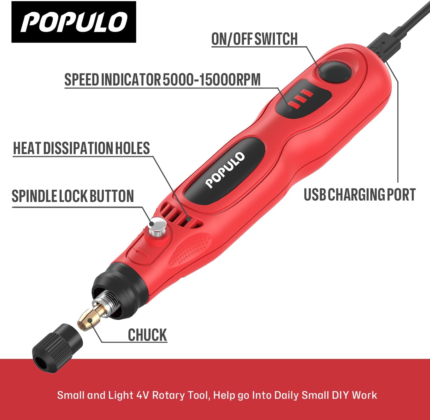 POPULO Mini Cordless Rotary Tool Portable 4 Volts with 46 Pieces Rotary  Accessory Kit, USB Charging