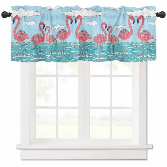 nqOlkjepod Summer Cute Flamingo Farmhouse Short Window Curtain Valances, Cartoon Animal Cloud Blue Sky Rod Pocket Kitchen Valances for Living Room Bedroom Bathroom Cafe, 1 Panel - 42" x 18"