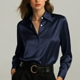 thumbnail image 2 of larppty Womens Satin Button Down Shirt Business Casual Long Sleeve Silk Blouse Collared Curved Hem Slim Fit Office Smooth Work Tops (Blue, L), 2 of 7