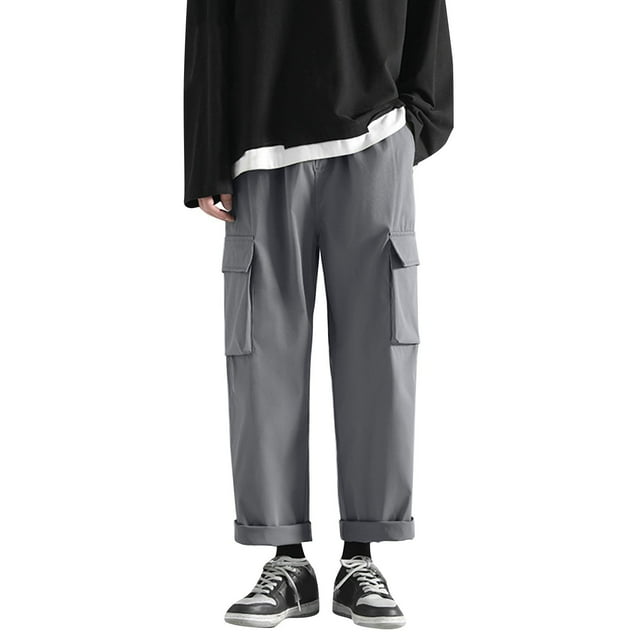 PEASKJP Men's Classic Fit Pants Loose Fit Elastic Drawstring Waist Straight-Legs Summer Long Pants, Gray M