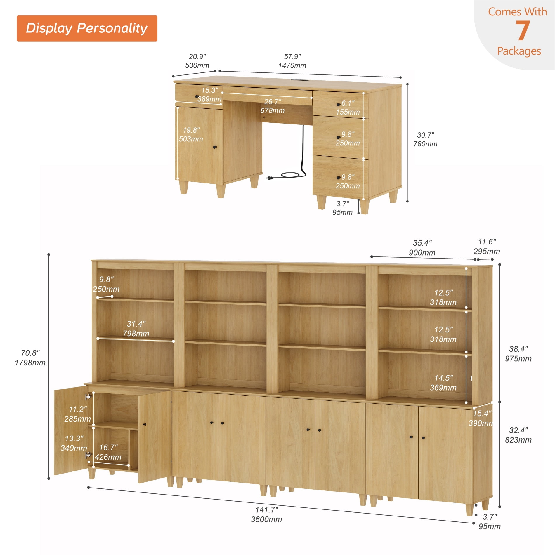 WAMPAT Home Office Furniture Set, 58" Executive Desk with Charging Station and Cabinet, 4-Column 71" Tall Bookcase with Doors and Adjustable Shelves for Living Room,Oak Wood