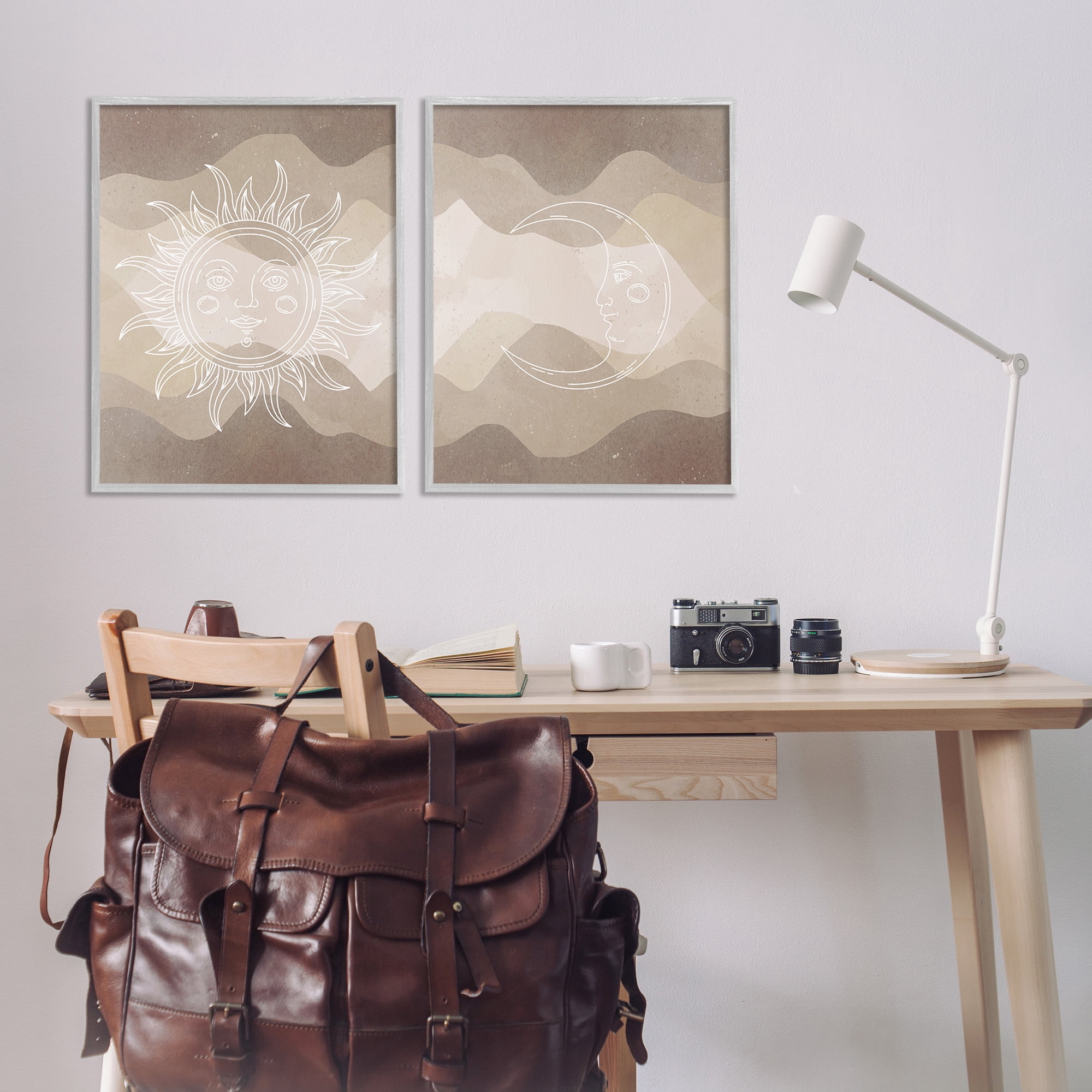 Stupell Industries Astral Boho Sun & Moon Landscape Painting Gray Framed Art Print Wall Art, 24 x 30, Set of 2