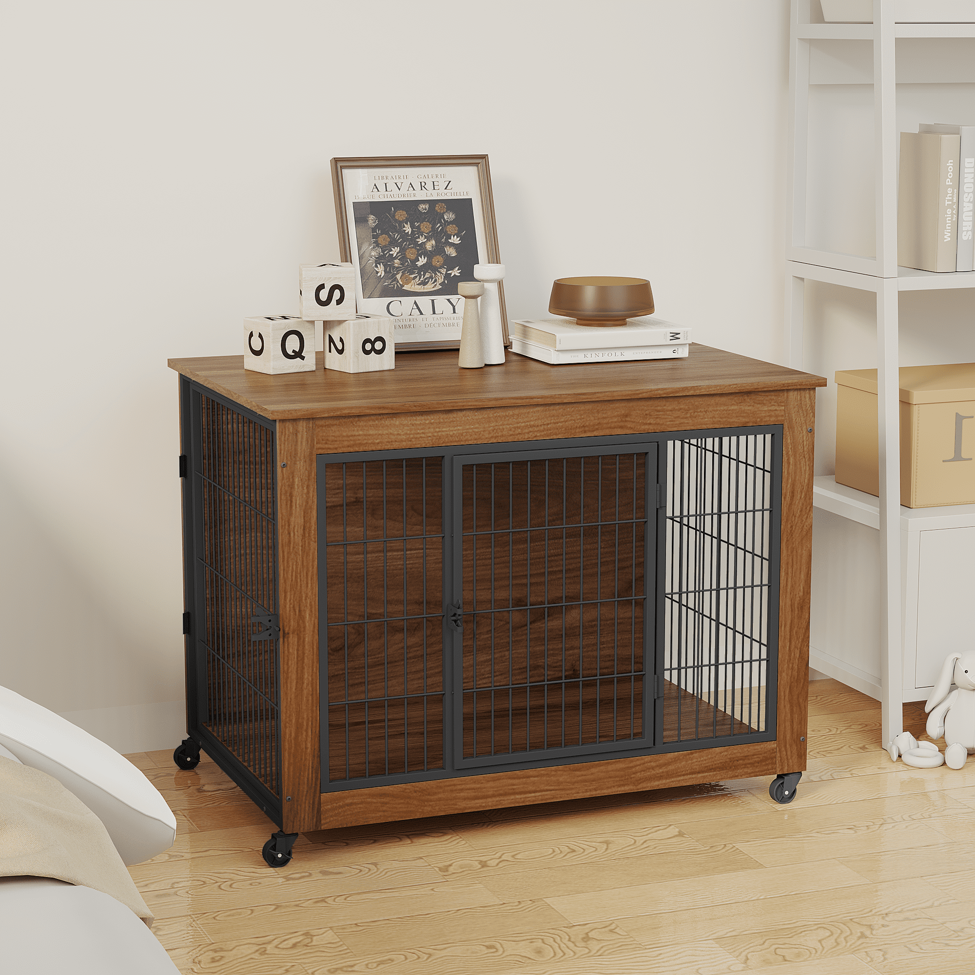 Dog Crate Furniture with Wheels, Wooden Indoor Pet Kennel End Table, Heavy Duty Double Door Metal Dog Cage with Brake Casters, Ventilated Safe Crate for Small & Anxious Dogs