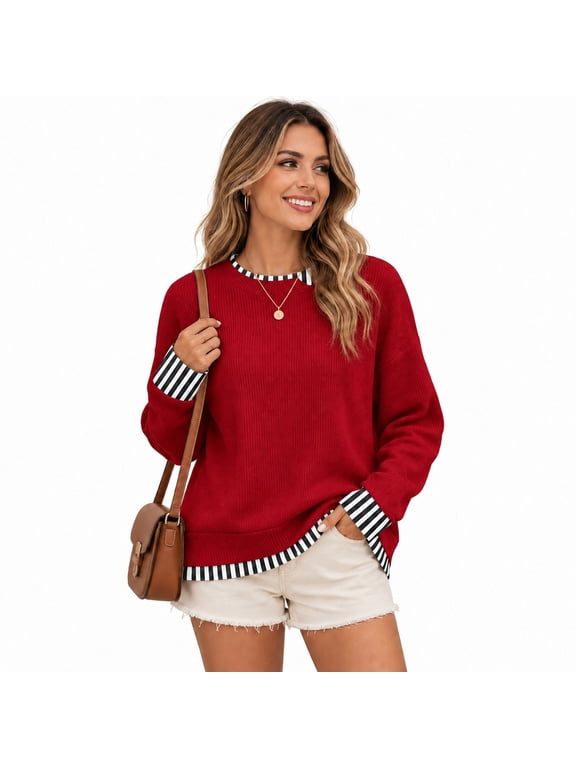 Women's Double-Layer Patchwork Knit Sweater, 50% Viscose 28% Polyester 22% Polyamide Crew Neck Pullover with Side Slits and Oversized Fit