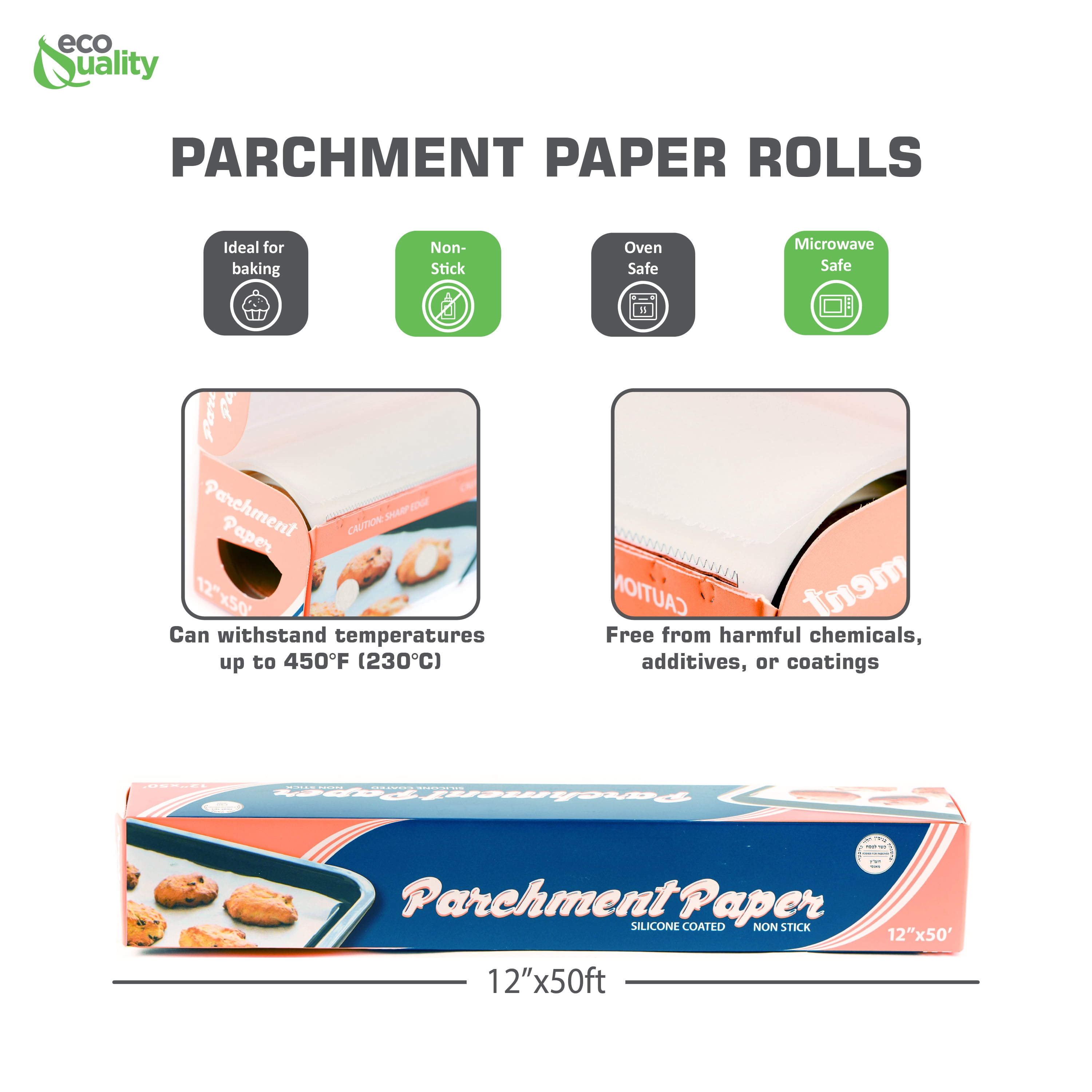 [2 Pack] EcoQuality Baking Parchment Paper Non-stick Silicone Coated Baking Paper Roll for Cakes, Smoking, BBQ, Cookies, Pizza, Pan Liners, Kosher 12 inch x 50 FT