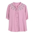 thumbnail image 6 of Feancey Boho Blouses for Women Button Casual Cototn Linen Shirts Half Sleeve Collarless Summer Beach Shirt Loose Fit Casual Floral Embroidery Tops Pink XL, 6 of 6