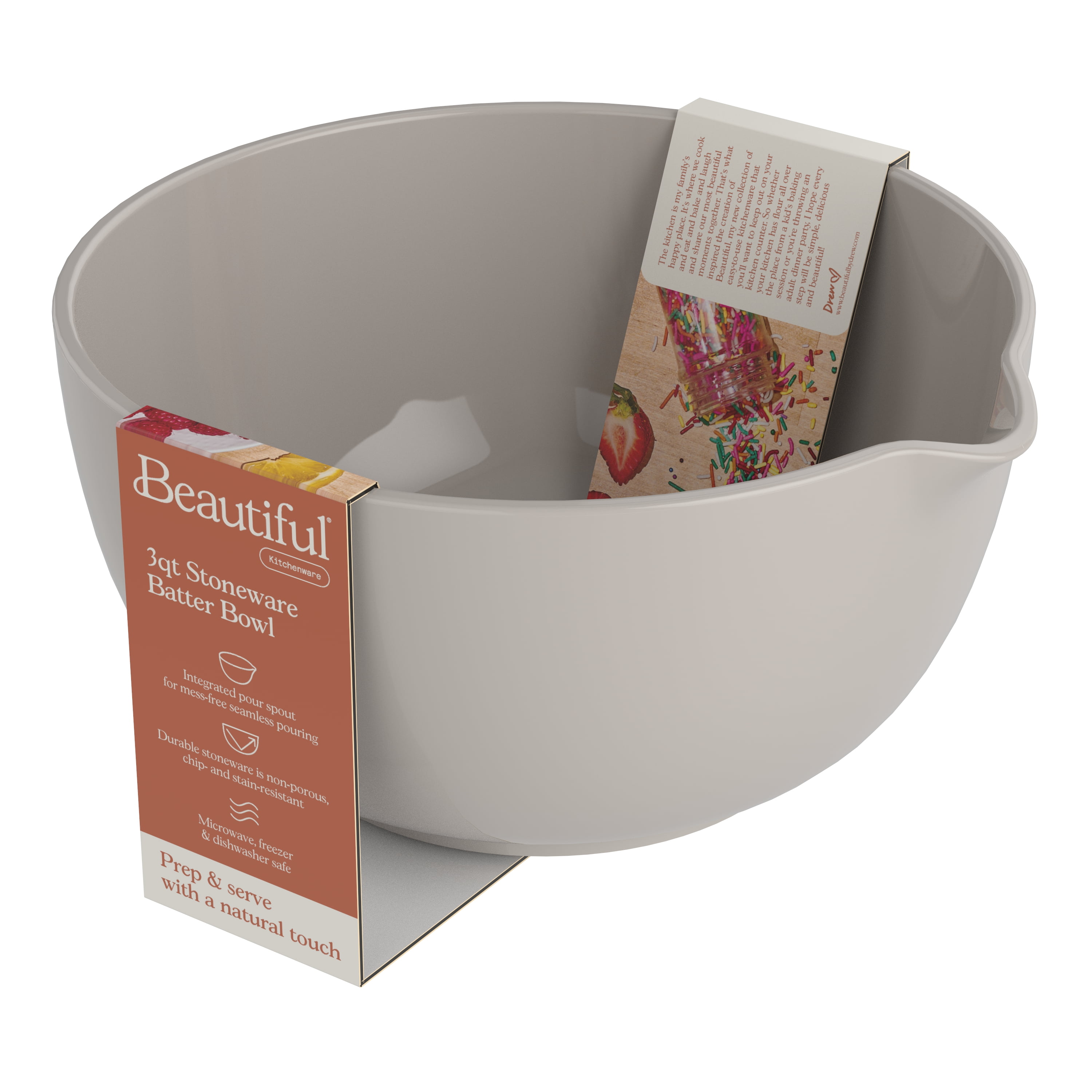 Beautiful 3 QT Stoneware Batter Mixing Bowl, Porcini Taupe by Drew Barrymore