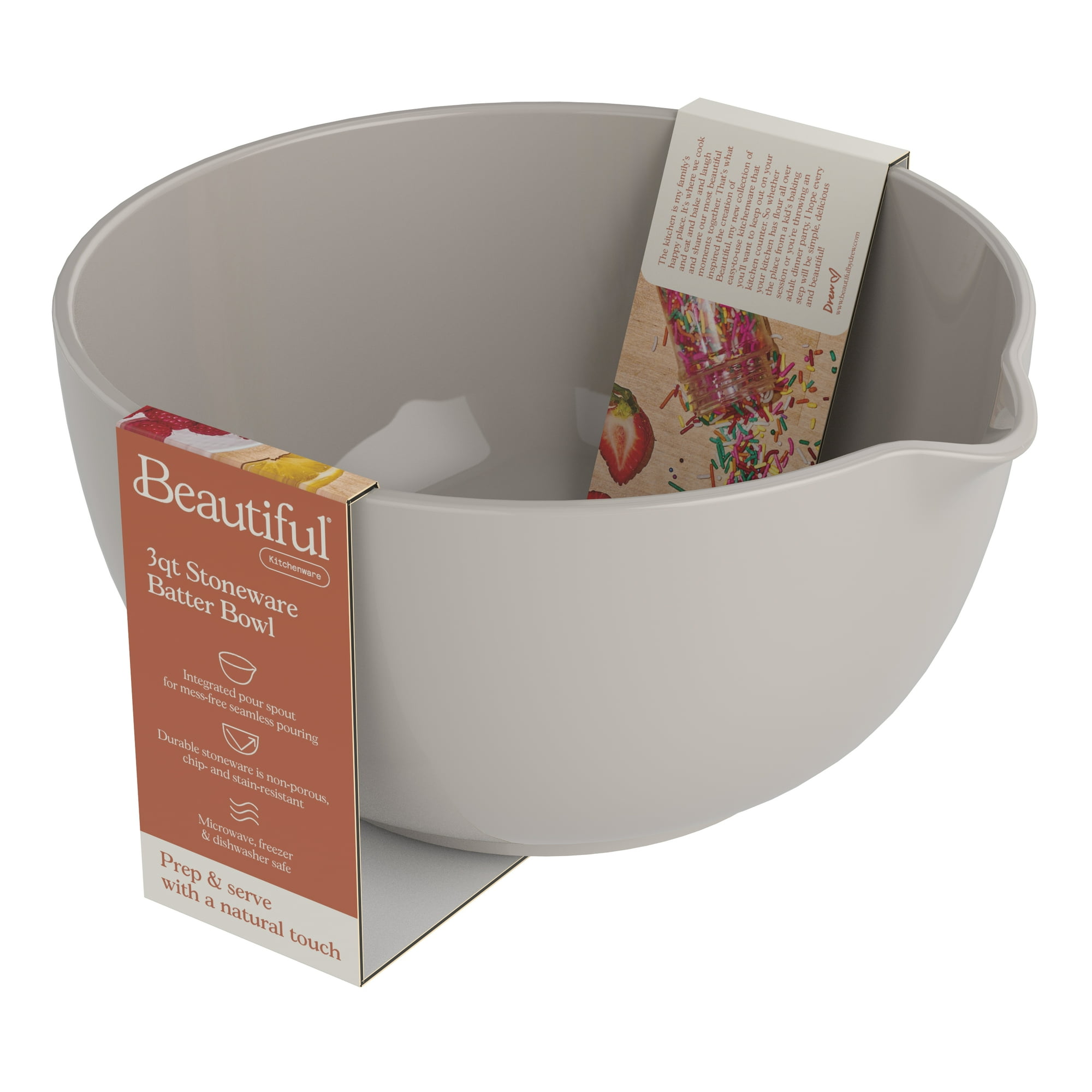 Beautiful 3 QT Stoneware Batter Mixing Bowl, Porcini Taupe by Drew Barrymore