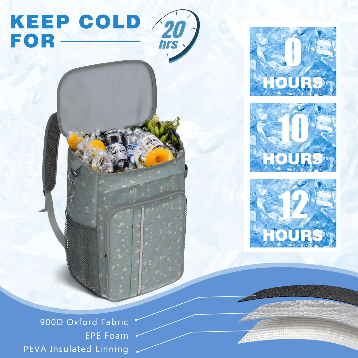 Travel Cooler Bag - Pioneer Flower Floral Print Pattern Camping Beer Cooler Backpack with Bottle Opener- Waterproof Insulated Picnic Backpacks - Cooler Bag for Beach